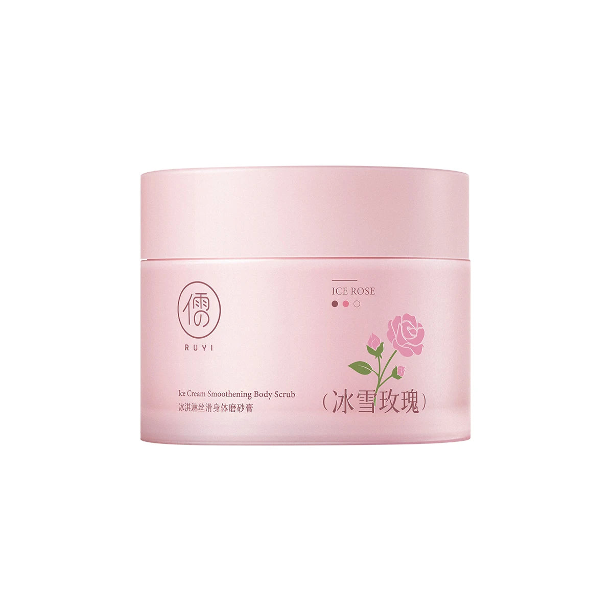 Ice Rose Ice Cream Smoothening Body Scrub in a round, frosted pink plastic jar with rose graphic, white background.