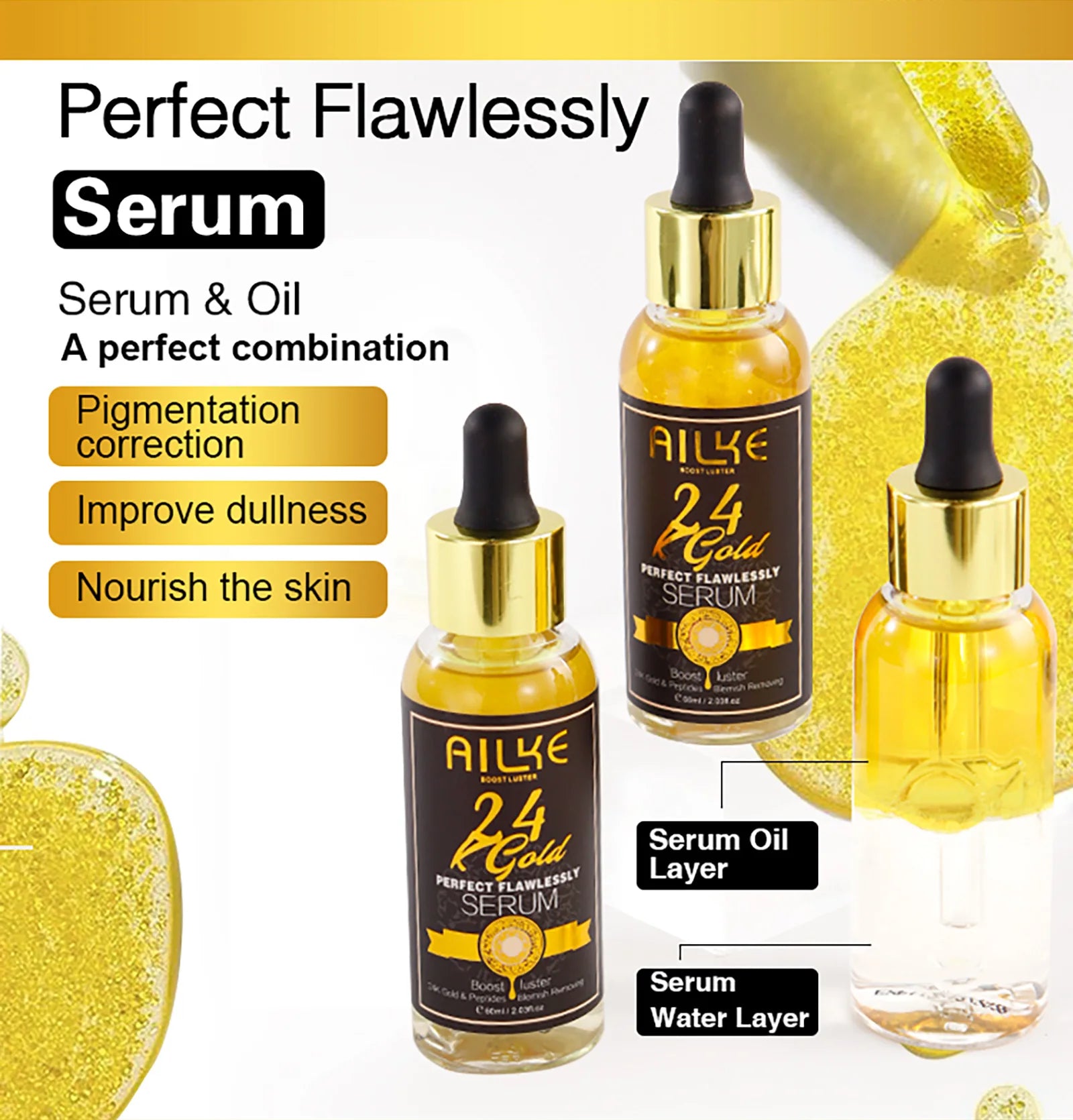 AILKE 24k Gold Flawlessly Whitening Skin Care Set For All Skin Type, Moisturizer, Reduce Black Spots, Smoothing, Brightening