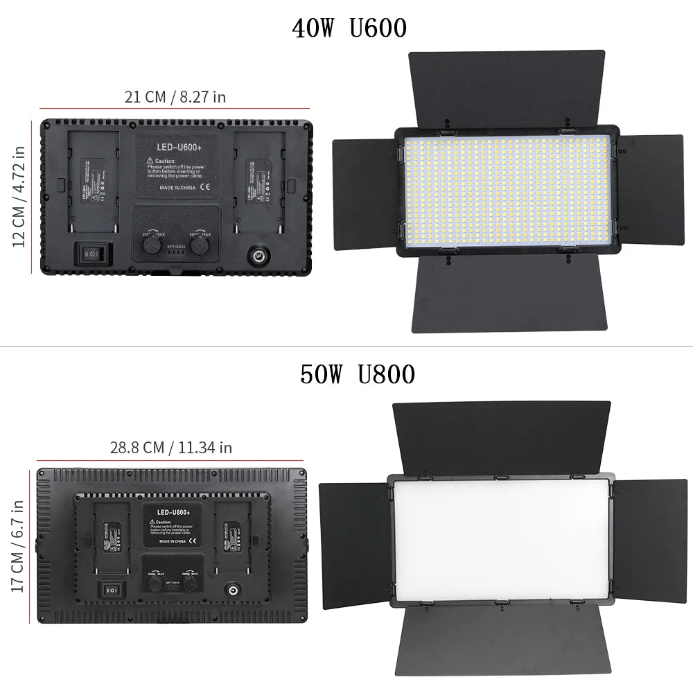 LED-U600 and LED-U800 studio lights with barn doors, showing dimensions, control panels, and light panels.