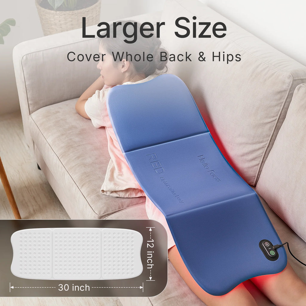 Blue 30x12-inch flexible red light therapy mat for body pain relief, shown draped over a person lying on a couch.