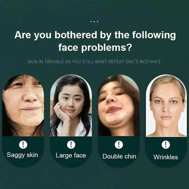 Four photos showing common facial concerns: saggy skin, wide face shape, double chin, and facial wrinkles.