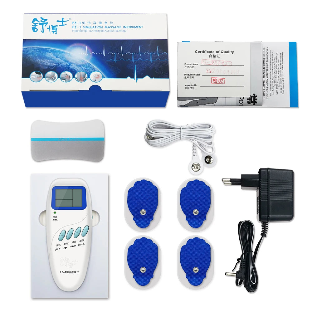 TENS electric muscle stimulator kit with white handheld massager, four blue electrode pads, cables, and power adapter.