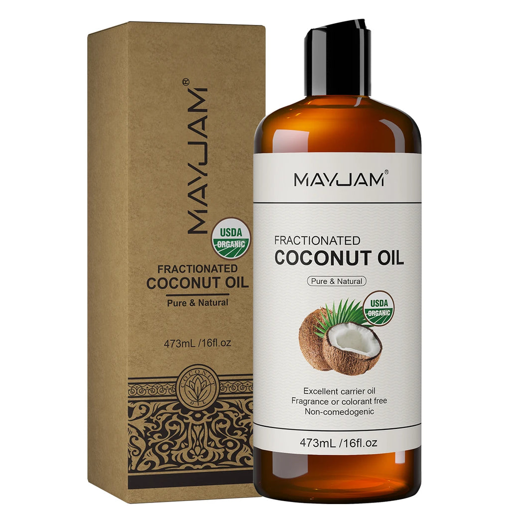MAYJAM USDA Organic Fractionated Coconut Oil for skin, face, and hair moisturizing and massage. Pure, natural carrier oil.