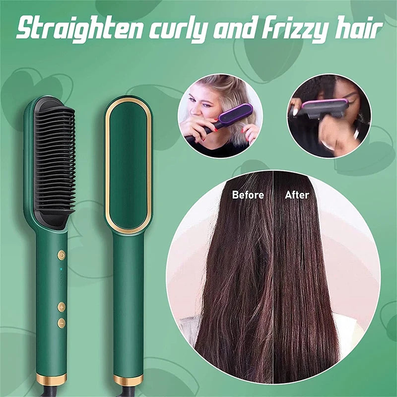 Green ceramic hair straightening brush for frizzy hair. Portable salon styling tool with temperature control buttons.