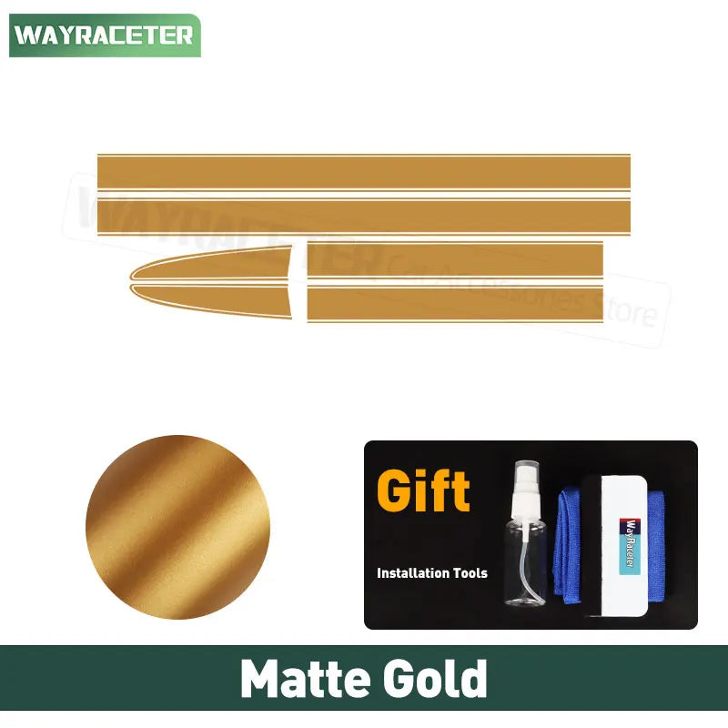 Matte gold vinyl decal stripes for Fiat 500, including long linear graphics and a complimentary installation tool kit.
