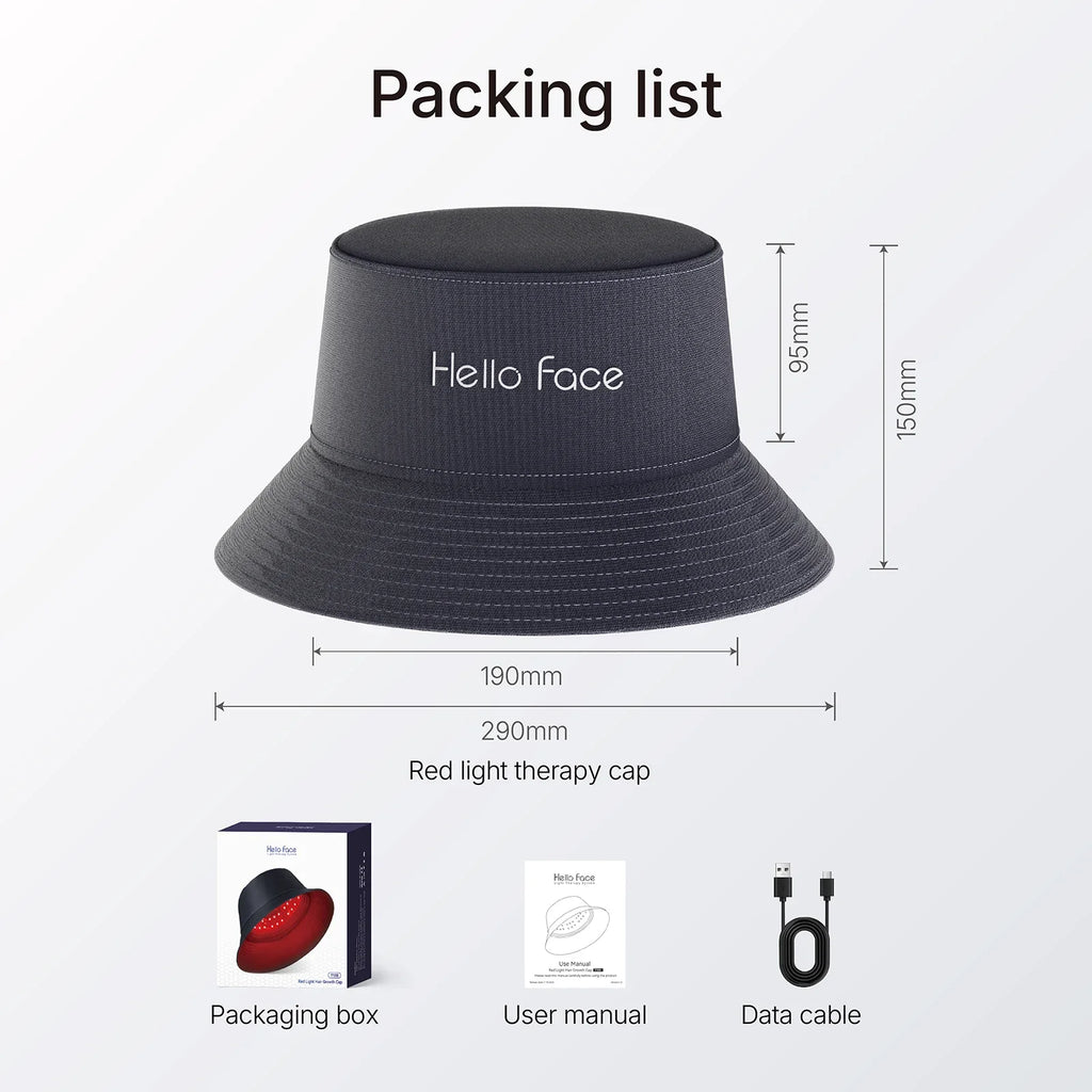 Dark gray red light therapy bucket hat with dimensions, plus packaging box, user manual, and charging cable.