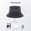 Dark gray red light therapy bucket hat with dimensions, plus packaging box, user manual, and charging cable.