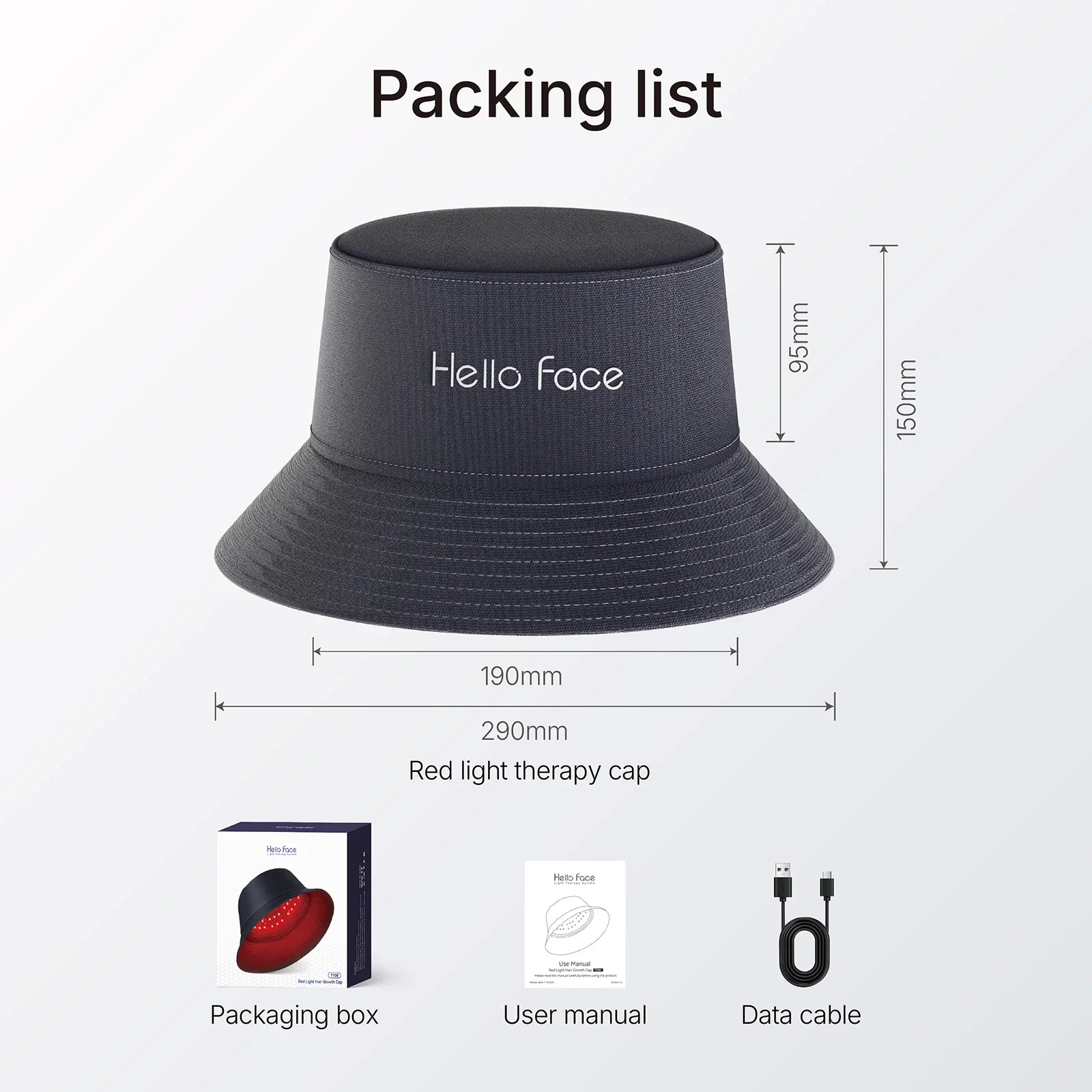 Dark gray red light therapy bucket hat with dimensions, plus packaging box, user manual, and charging cable.