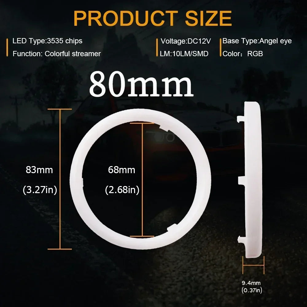 80mm circular RGB LED angel eye ring for car headlight modification, showing dimensions and technical specifications.