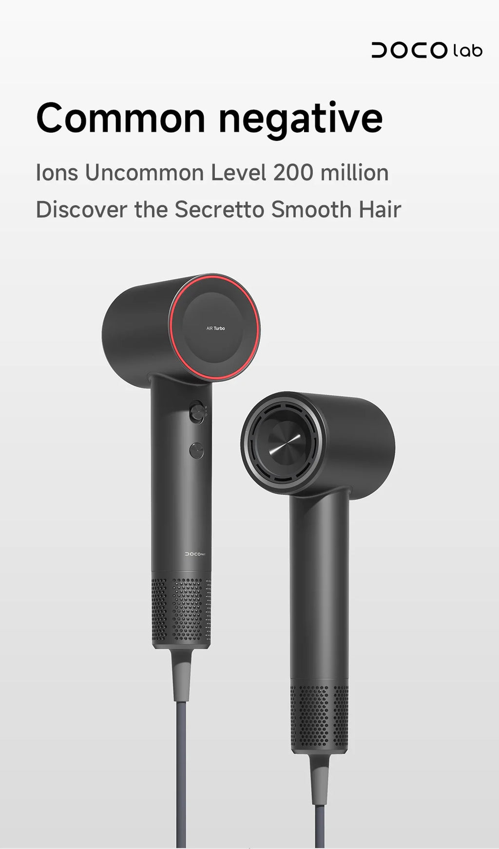 Black DOCO high-speed hair dryer with 200M negative ions, sleek professional design for smooth, fast-drying hair.