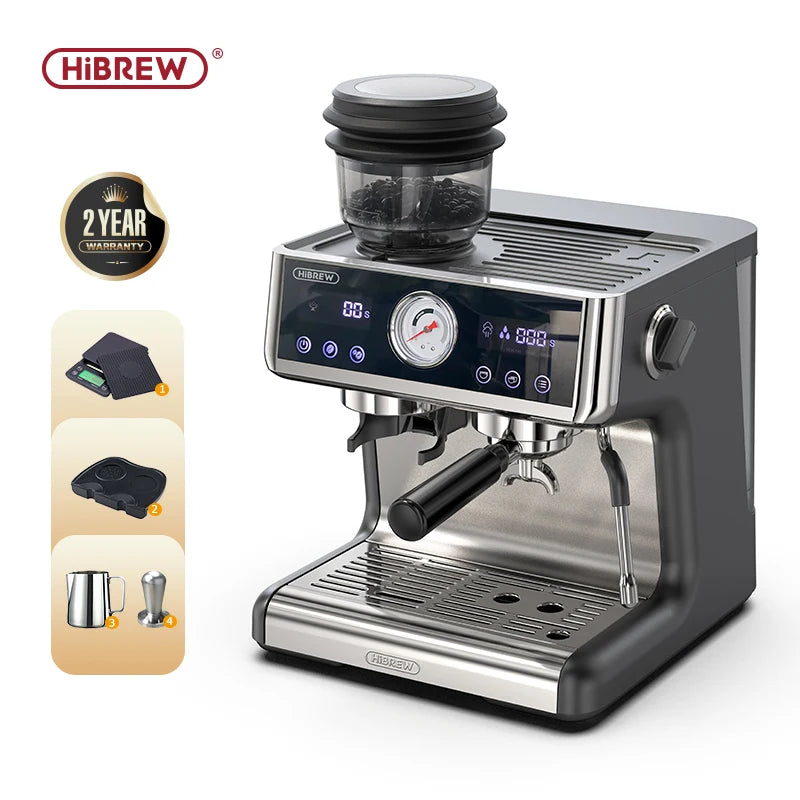 HiBREW stainless steel espresso machine with built-in grinder, digital display, pressure gauge, and barista accessories.