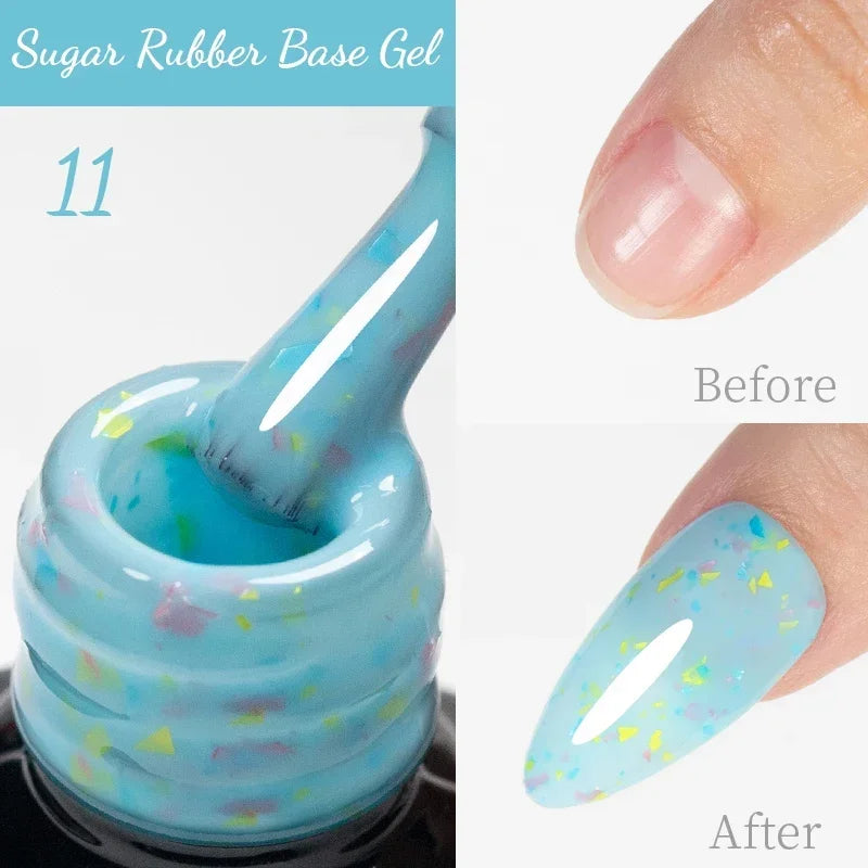 Sugar rubber base gel in light blue with colorful confetti, shown with a brush applicator and before-and-after nails.