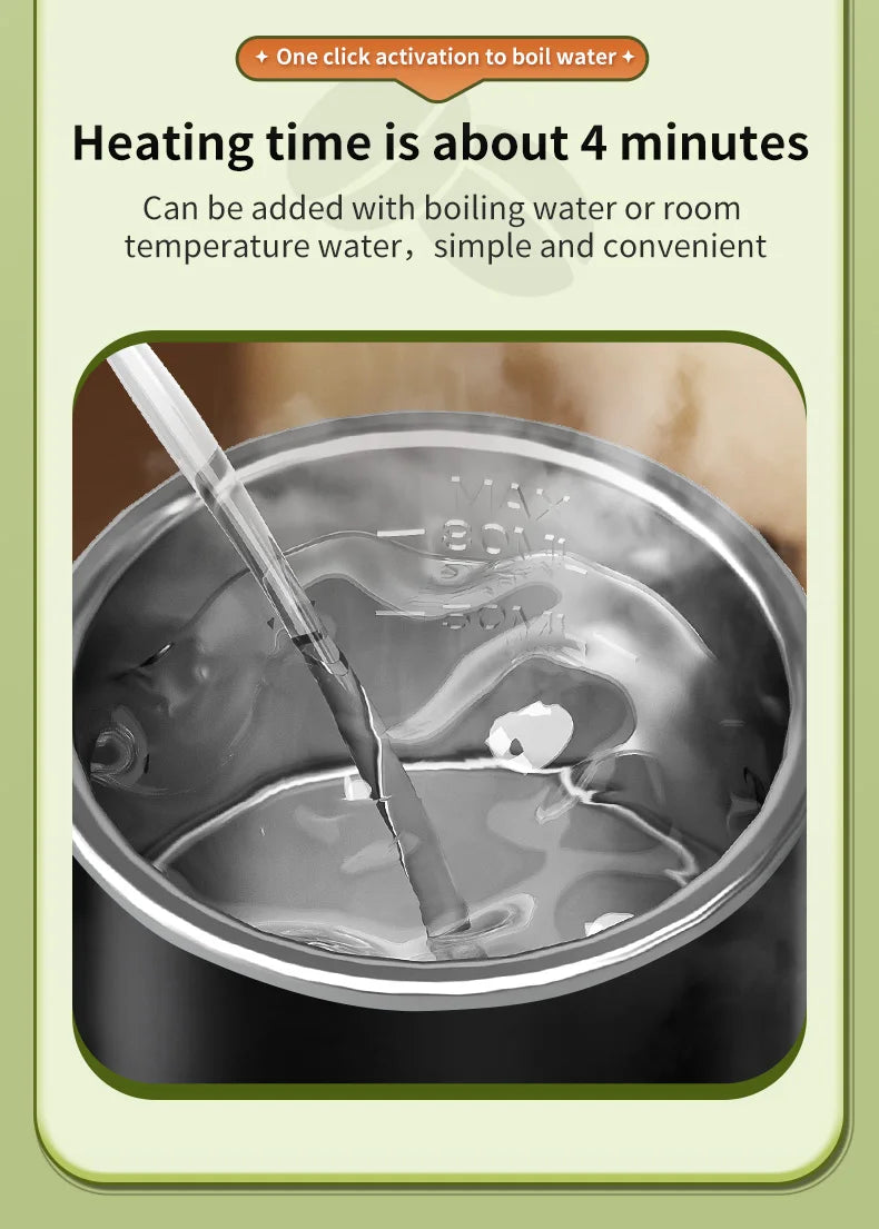 Top view of black stainless steel portable electric kettle with water filling indicator and 4-minute heating time.