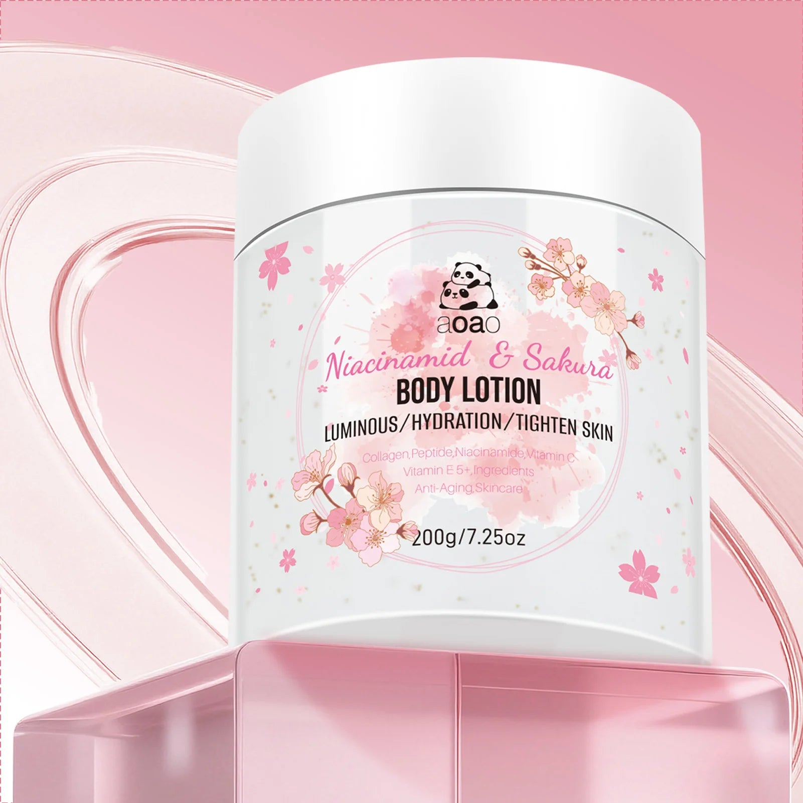 Sakura Niacinamide Moisturizing Body Lotion, infused with shea butter and cherry blossoms. Lightweight and non-greasy.
