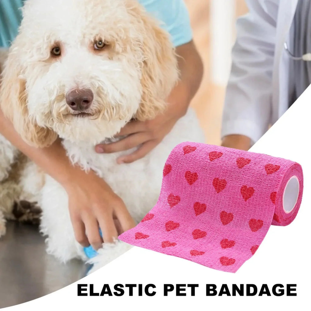 Pink heart-print self-adherent pet bandage for dogs and cats. Breathable, elastic medical tape for pet wound care.