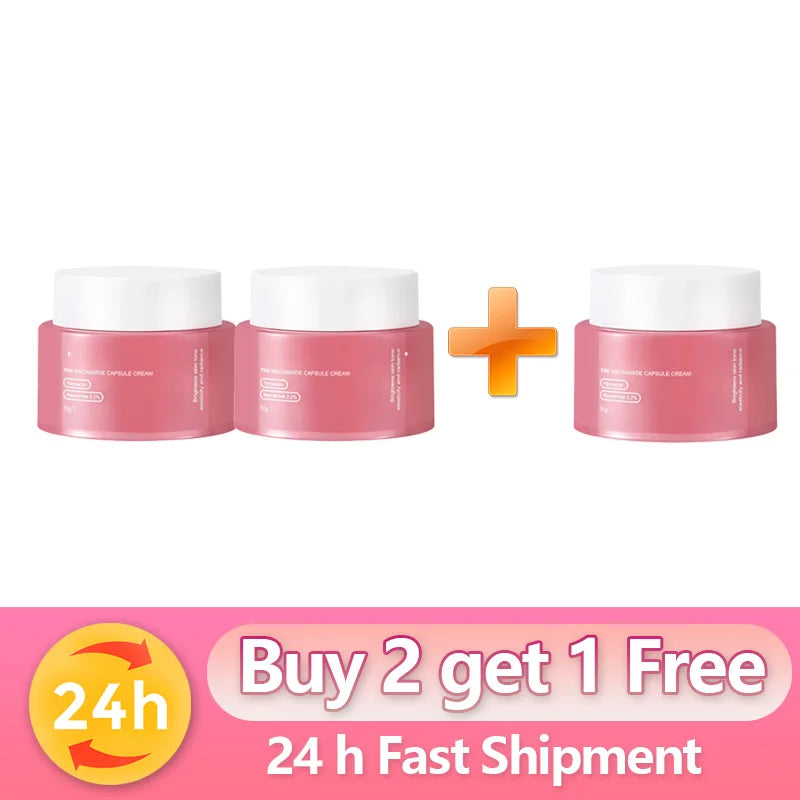 Three pink jars of Korean collagen capsule cream with white lids, plus a "Buy 2 get 1 Free" and "24h Shipment" banner.