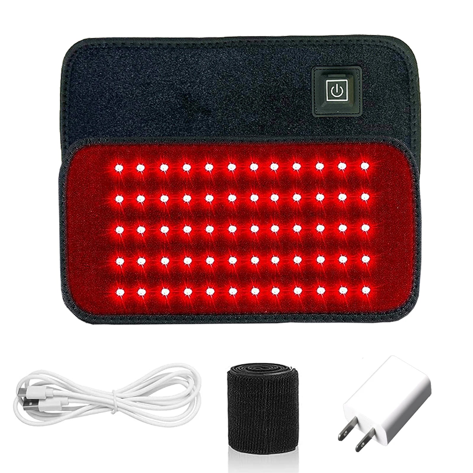 Black red-light therapy belt with 60 glowing LEDs, power button, USB cable, strap, and power adapter.