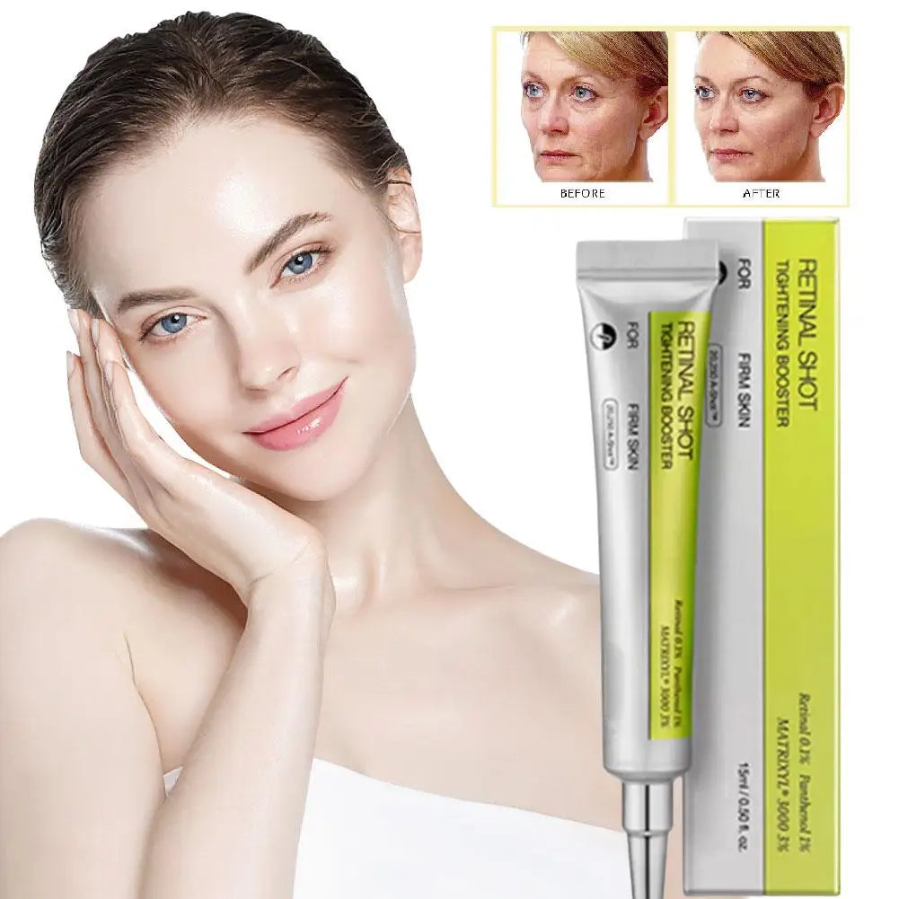 Retinal Shot Tightening Booster in a silver and lime green tube and box, used for facial skin firming.