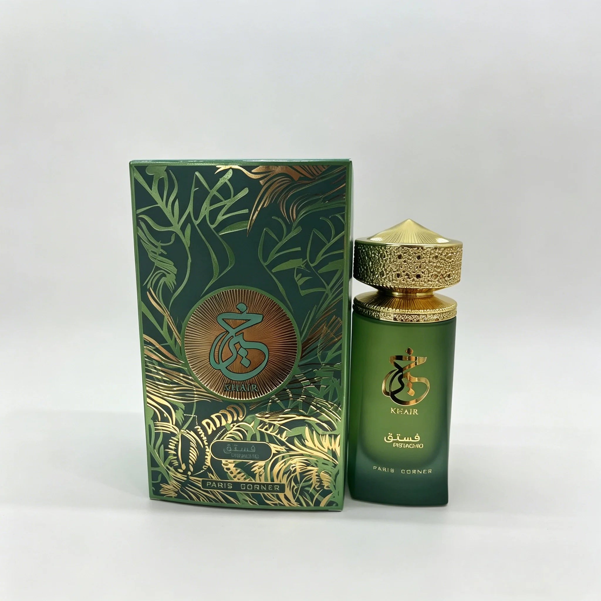 Paris Corner Khair Pistachio EDP: Arabian unisex perfume in green bottle with ornate gold cap, 100ml premium fragrance.