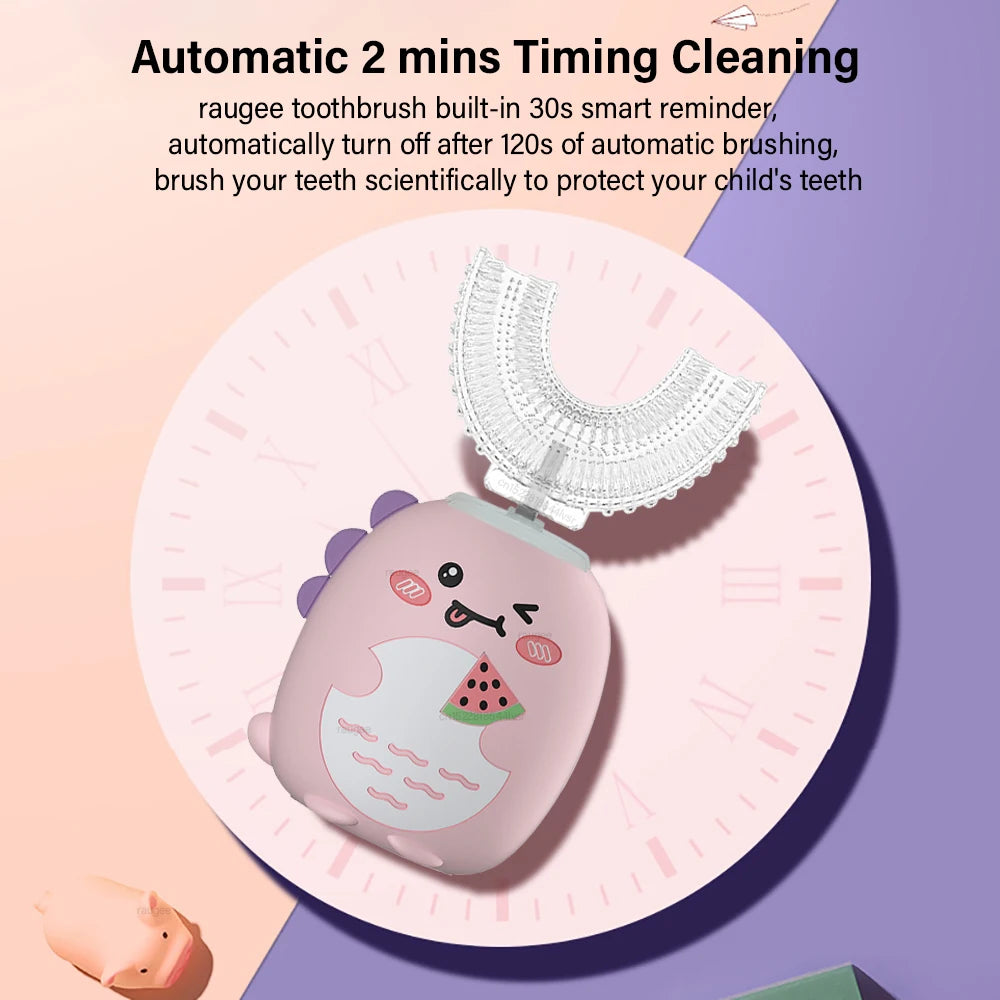 Children U-shaped Electric Toothbrush 360°Automatic Electric Toothbrush Rechargeable Smart Blue Light IPX7 SiliconeToothbrush