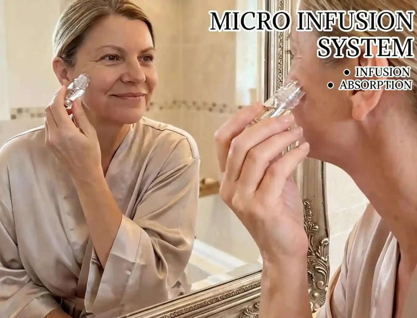 A woman in a silk robe uses a clear micro-infusion serum tool on her face while looking into a mirror.
