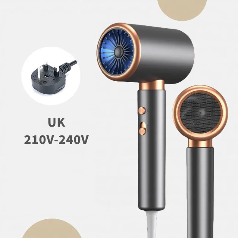 Grey and gold 2400W high-speed ionic hair dryer with blue light, UK plug, and sleek professional ergonomic design.