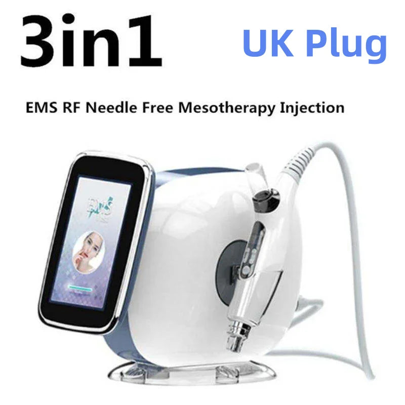 3-in-1 white and blue portable RF EMS needle-free mesotherapy beauty device for face lifting and wrinkle removal.