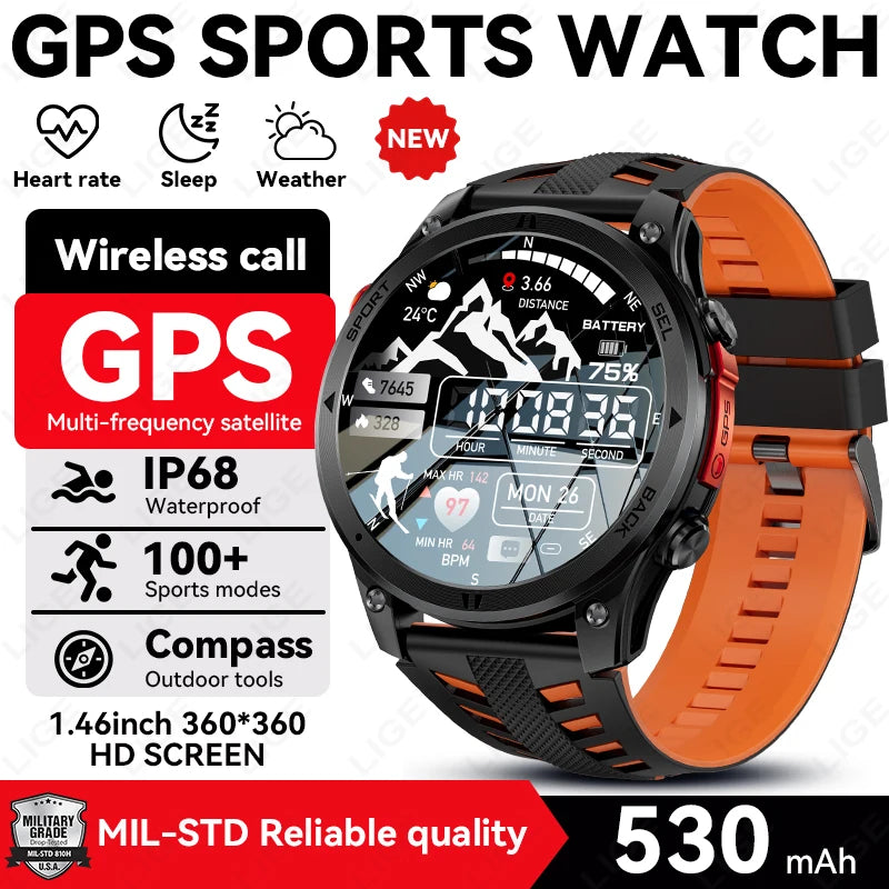 LIGE 2026 New GPS Path Smart Watch 530mAh Battery IP68 Waterproof Sports Run Tracker BT Call Outdoor Compass Military Smartwatch