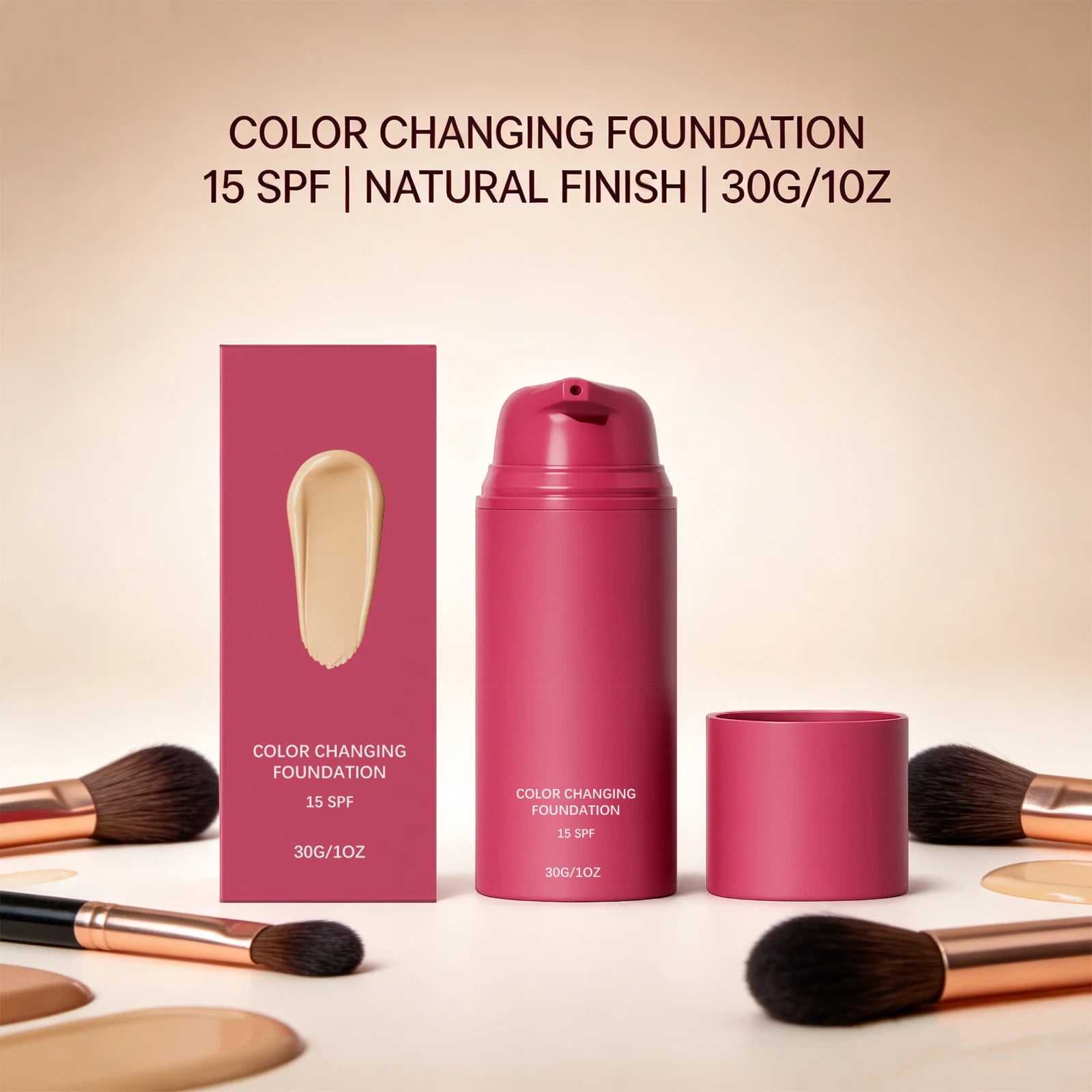 Tidesmit color changing foundation texture close-up showing SPF15 full coverage moisturizing formula for even skin tone