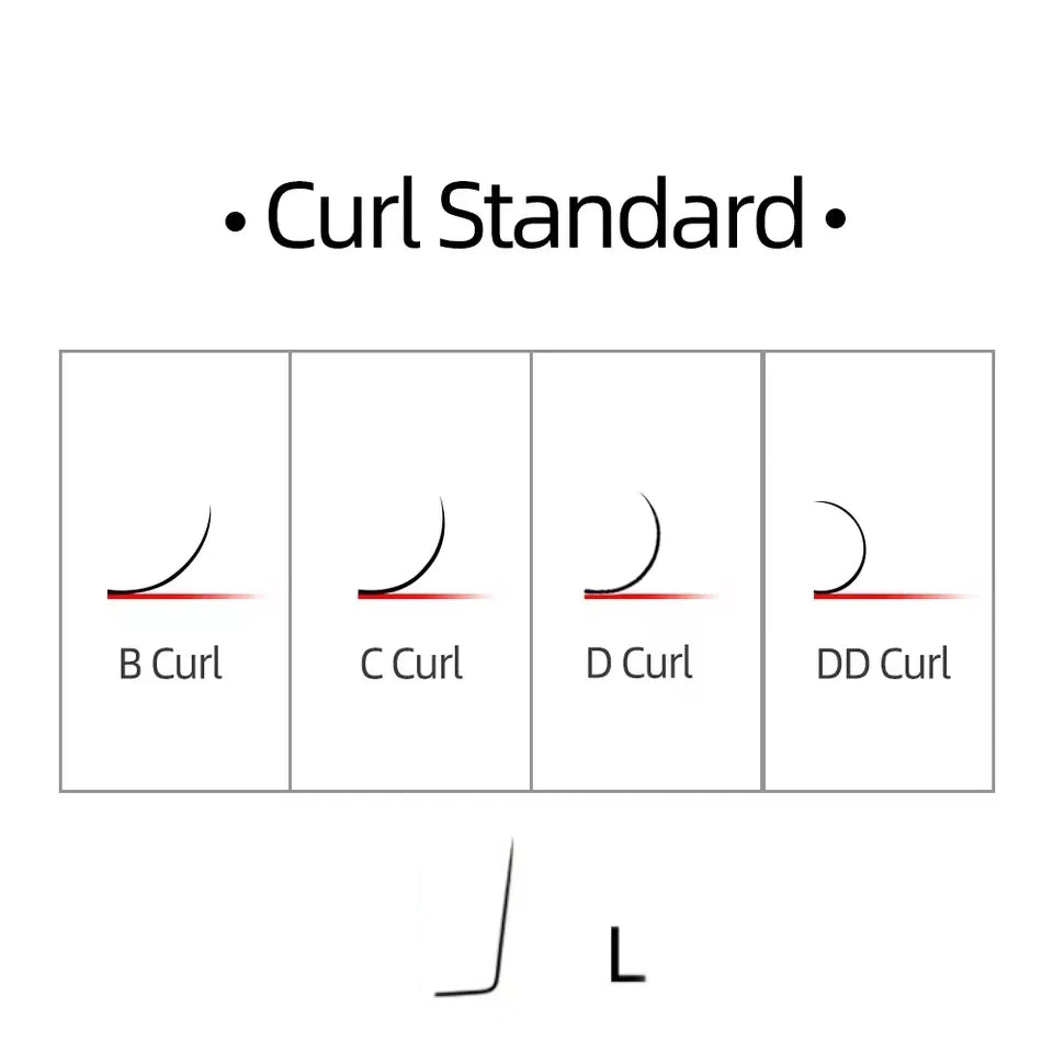 Eyelash extension curl guide chart showing B, C, D, DD, and L curl styles with black line drawings on white.
