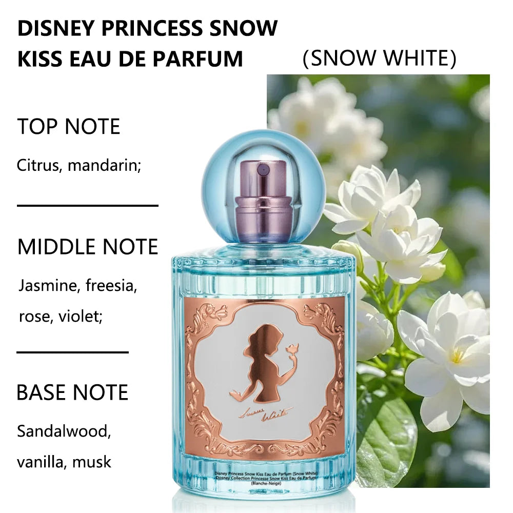 Miniso x Disney Snow White EDP: Floral perfume with citrus, jasmine & sandalwood notes in a round blue luxury bottle.