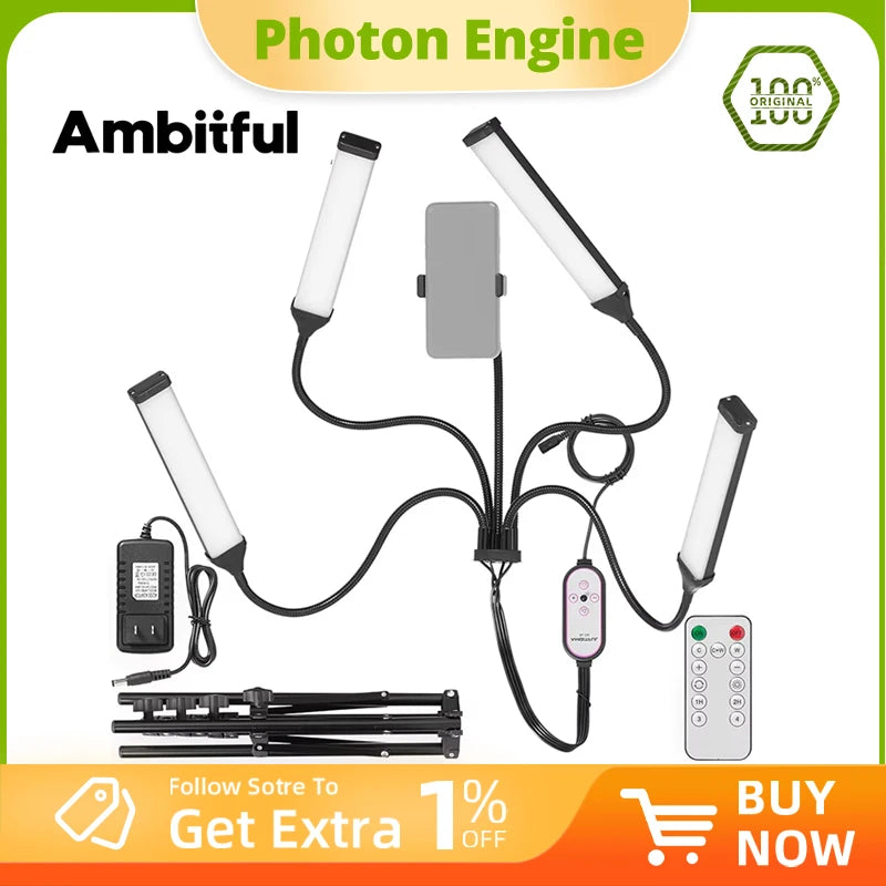 Four-arm LED light kit with flexible arms, smartphone mount, power adapter, remote control, and collapsible tripod.