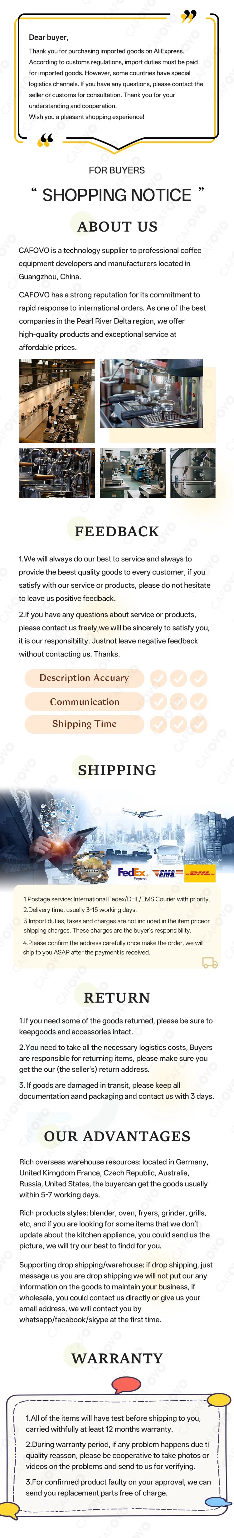 CAFOVO professional coffee equipment manufacturer factory profile and international shipping information infographic.