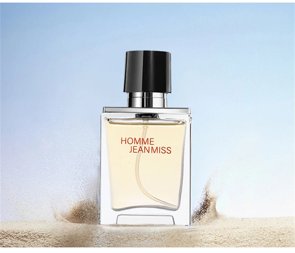 Jean Miss Homme 90ml men's cologne: clear rectangular glass bottle with black cap, luxury long-lasting EDP fragrance.