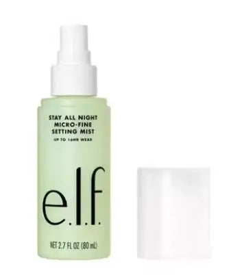 e.l.f. Stay All Night Micro-Fine Setting Mist in a pale green 80ml spray bottle with white cap for long-lasting makeup.