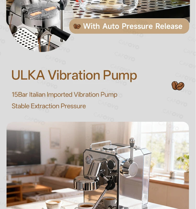 Cafovo stainless steel espresso machine with 15-bar ULKA vibration pump and auto pressure release feature.