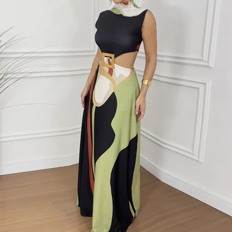 Solid Patchwork Hollow Out Fashion Maxi Dress, Women Summer Sleeveless Simple Party Dress, 2025 New Turtleneck Sexy Ladies Dress