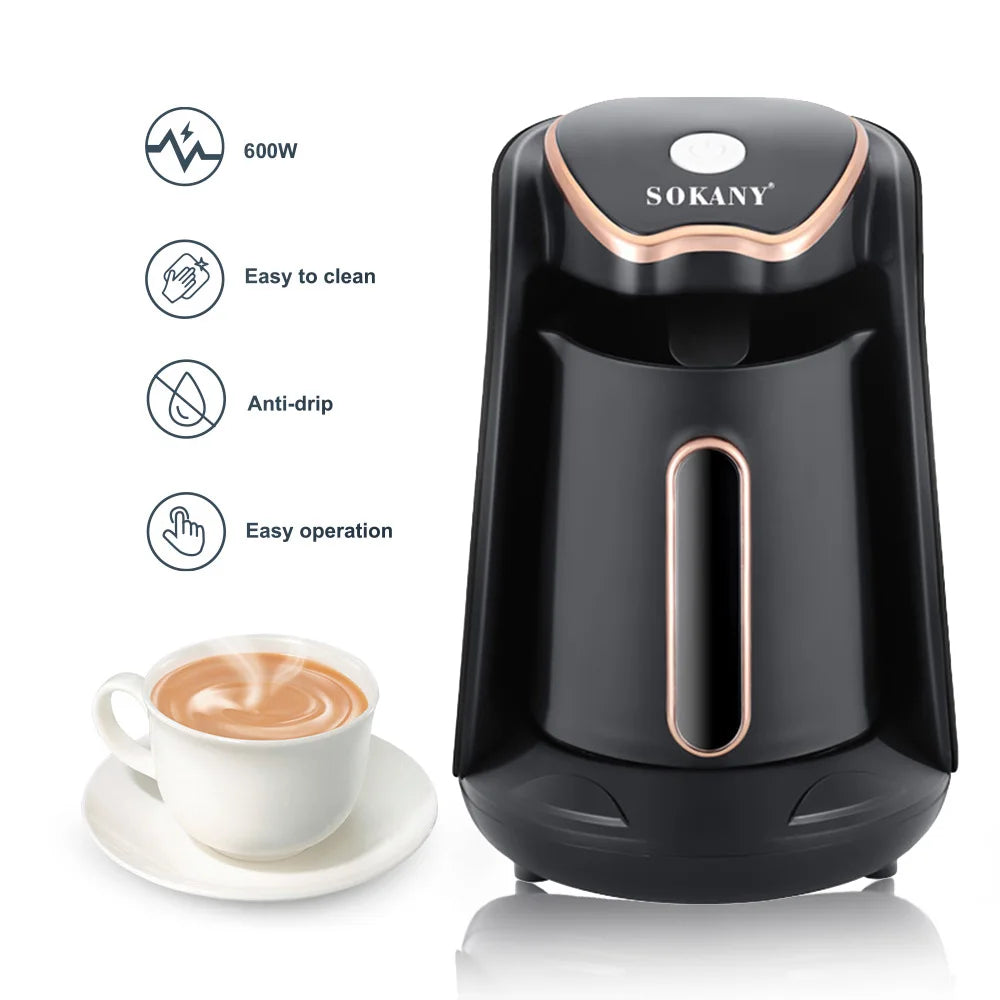 Sokany 600W black and rose gold electric Turkish coffee maker with cup and easy-clean design.
