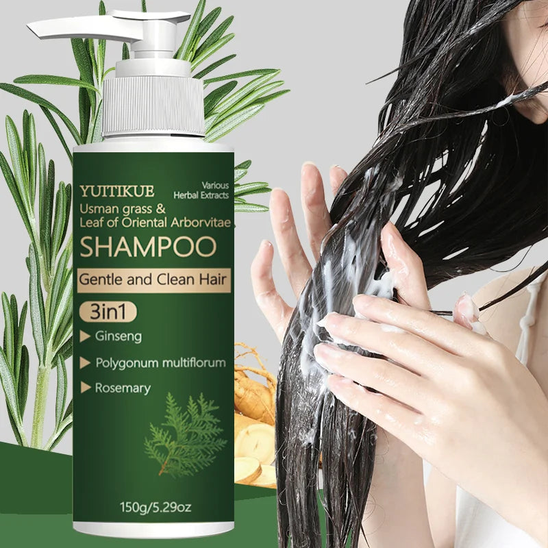 Usman Grass and Oriental Cedar Leaf Shampoo, strengthens hair roots, controls oil, cleanses the scalp, and promotes hair growth