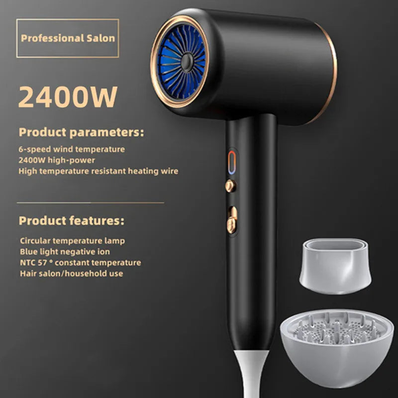 2400W high-speed black ionic hair dryer with blue light, nozzles, and diffuser for professional salon hair care styling.