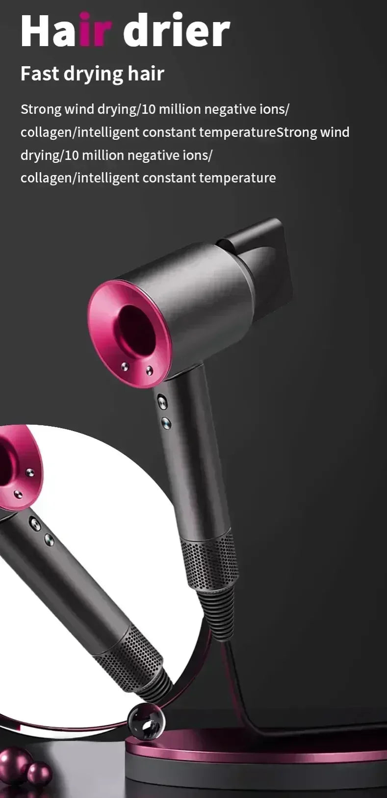 Professional 5-in-1 ionic hair dryer in grey and pink with magnetic styling attachment and thermostatic heat control.
