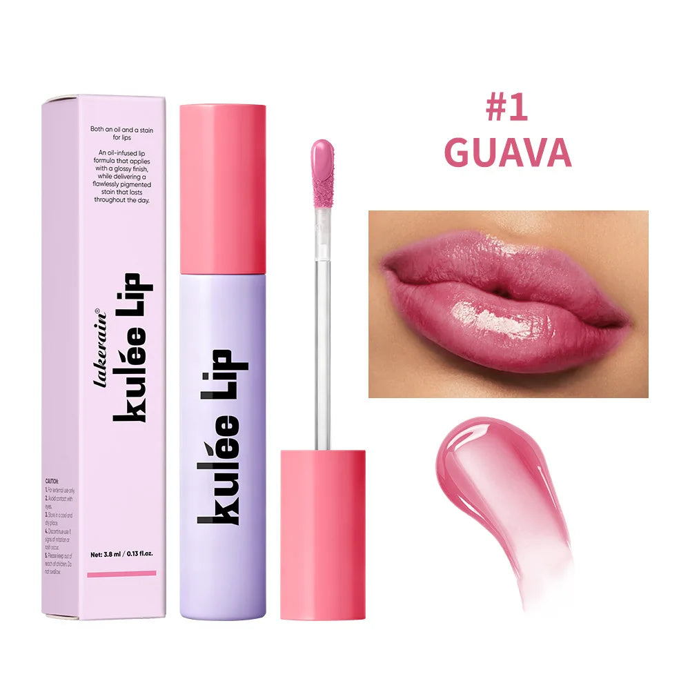 Guava pink staining lip oil, a 2-in-1 glossy lip gloss stain with moisturizing, non-sticky texture.