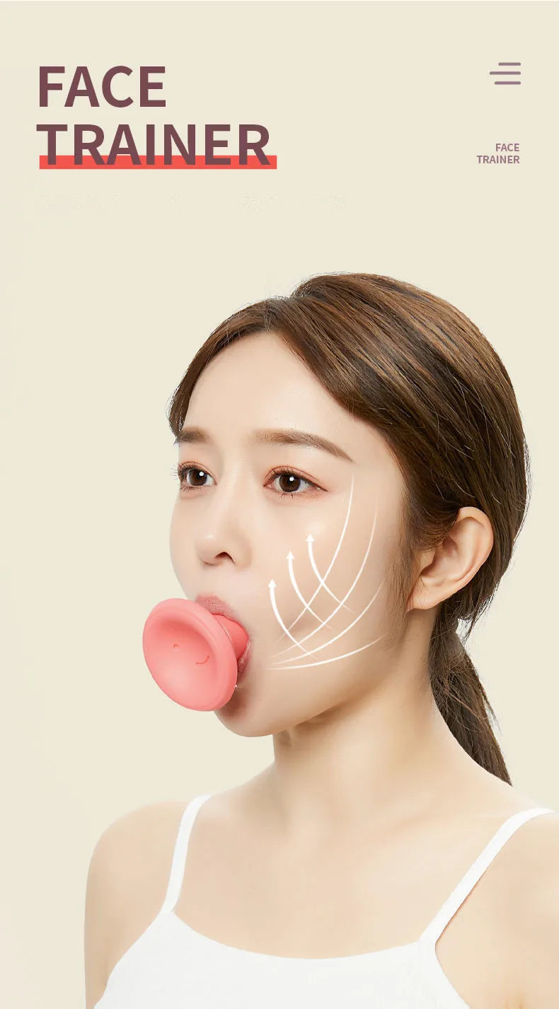 A woman using a round, pink silicone face-slimming exerciser in her mouth with graphic arrows showing facial lift.