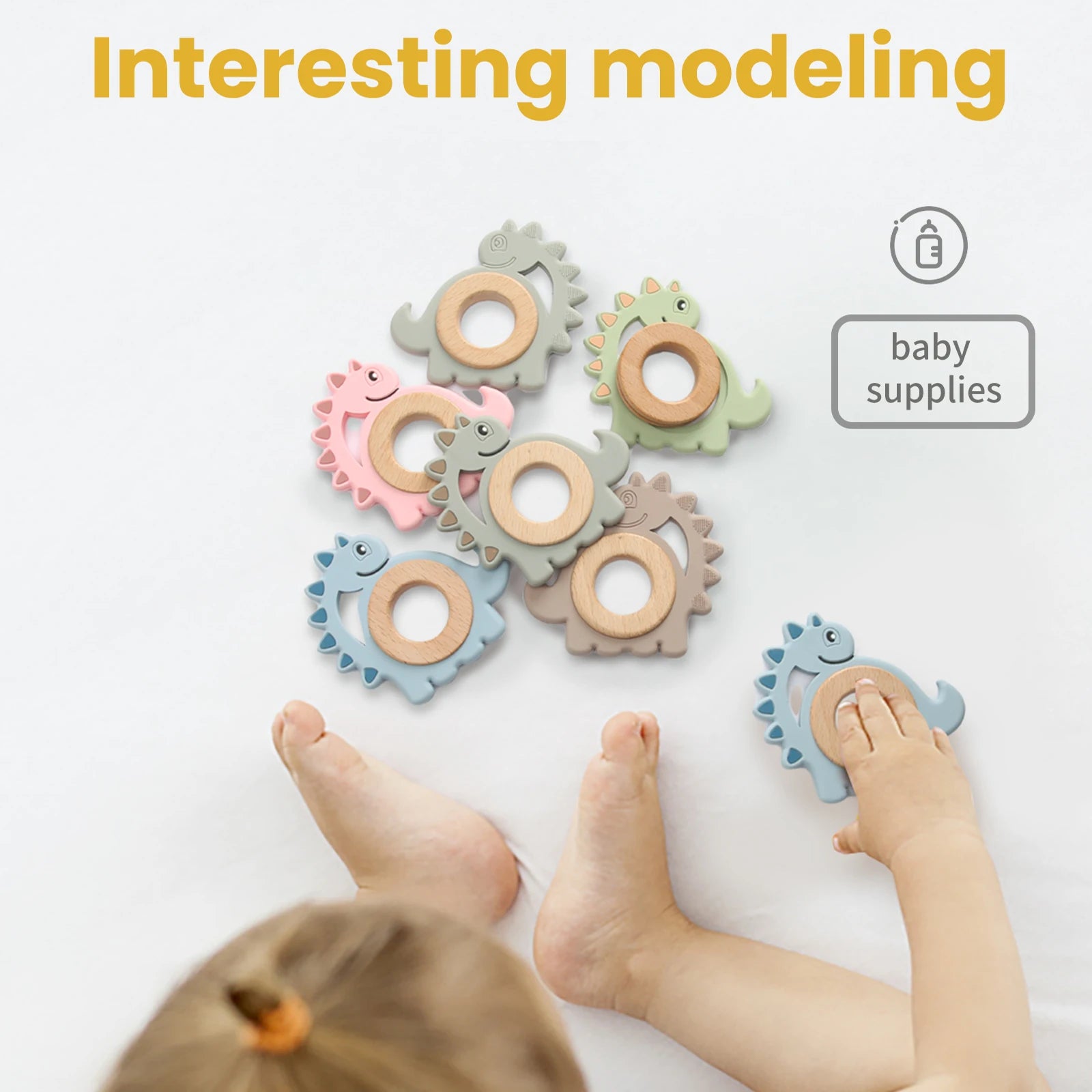 Baby Silicone Teether Toys,Perfect for Teething Toys 0-3-6 Months and Shower Gifts, BPA-Free, Ergonomic Dinosaur Wood Design.