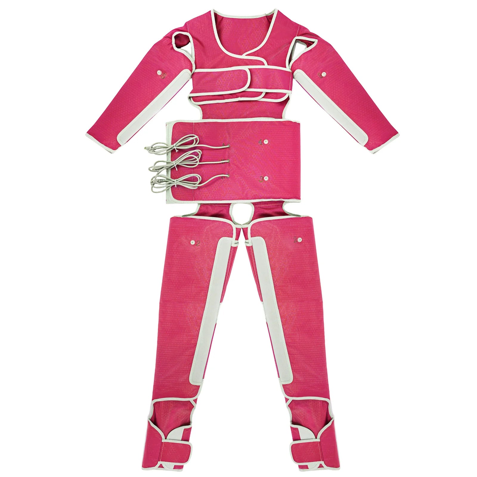 Hot pink air compression massage suit with arm, torso, and leg sleeves for lymphatic drainage and muscle recovery.