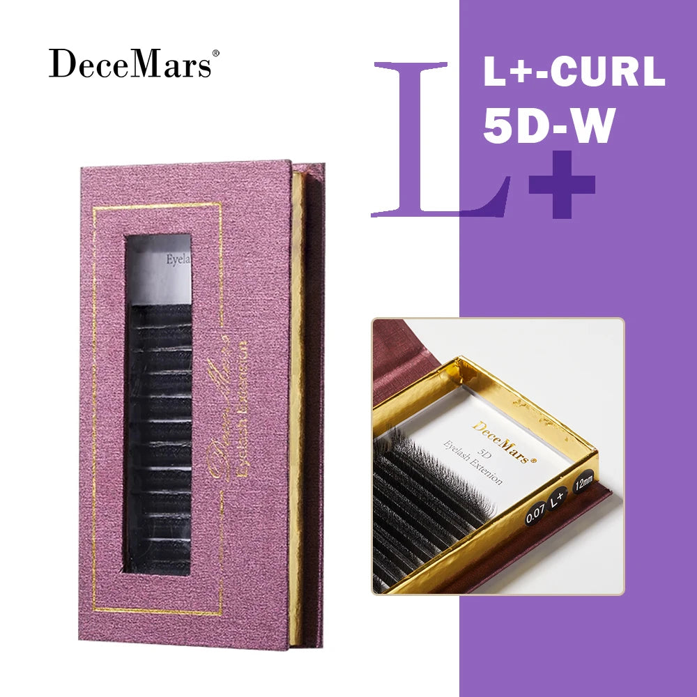 5D L+ curl eyelash extensions in a textured purple rectangular case with a gold interior for professional application.