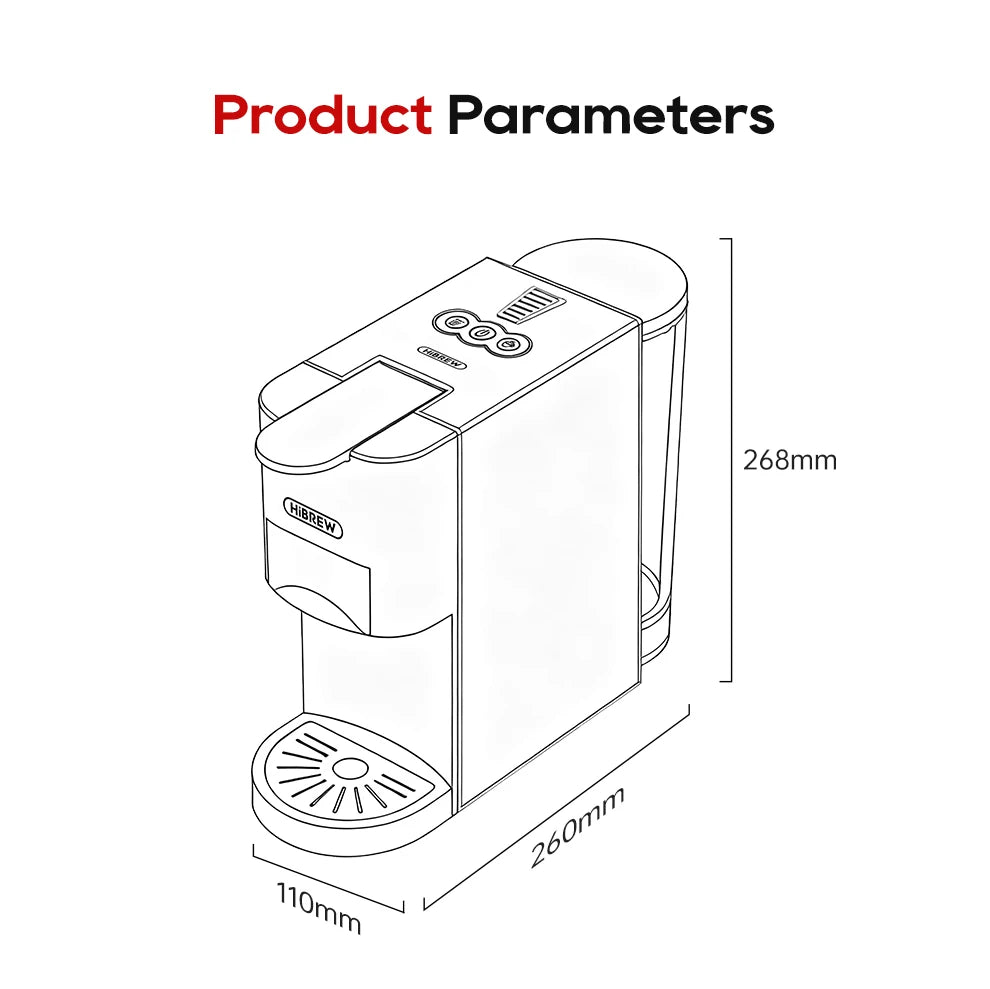 HiBREW coffee maker line drawing showing dimensions: 268mm height, 260mm depth, and 110mm width.