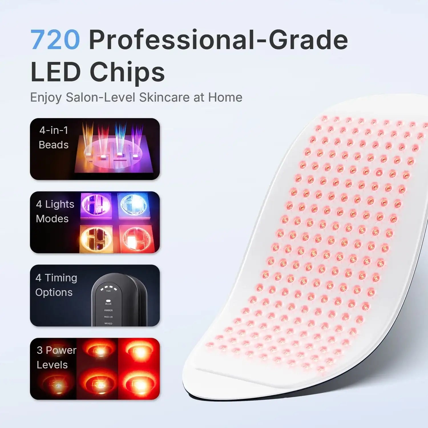 White arched red light therapy panel featuring 720 LED chips and small inset graphics showing light modes and controls.