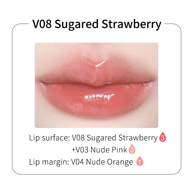 Glossy, pinkish-orange lips showing a layered V08 Sugared Strawberry, V03 Nude Pink, and V04 Nude Orange finish.