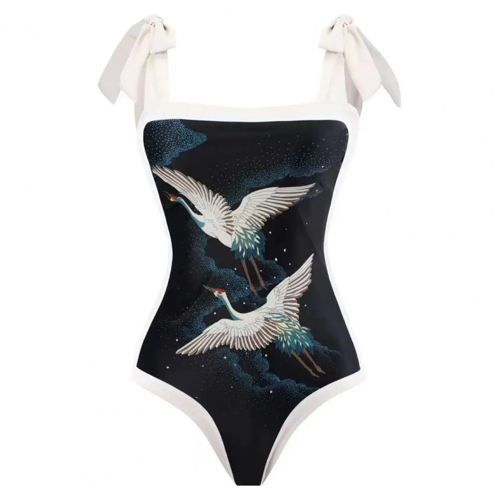 2Pcs/Set Women Monokini Suit Vintage Print One-Piece Square Neck Tie Swimsuit With Skirt Sling Lady Swimsuit With Beach Cover Up
